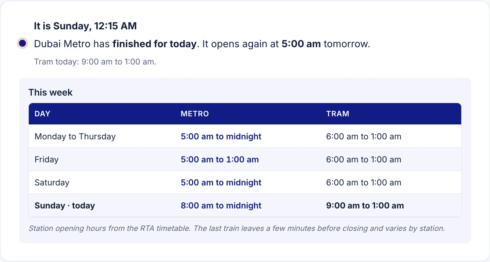 dubai metro timings tool